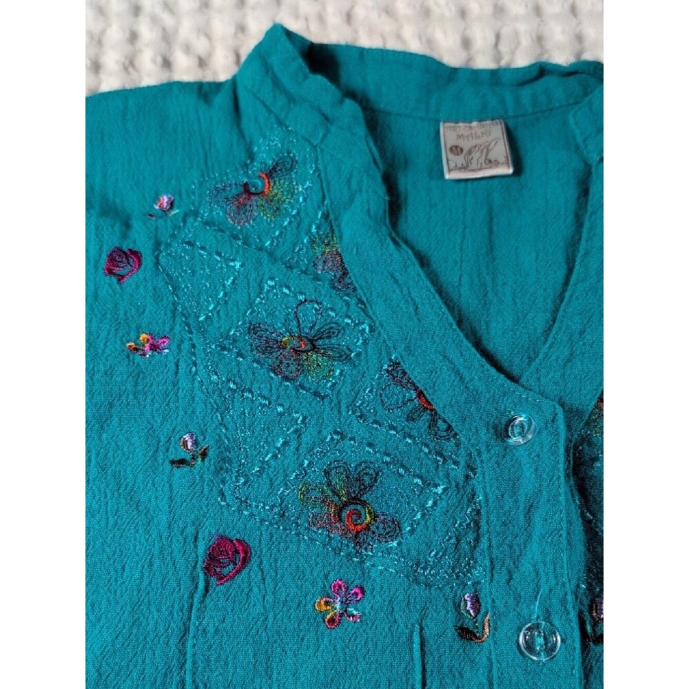 100% Cotton Embroidered V-Neck Button-Front Women's Shirt - Teal Size M - Picture 9 of 10